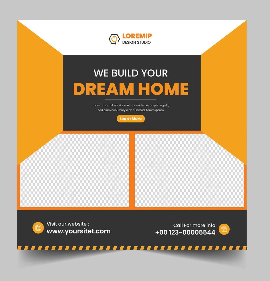 Construction social media post banner design Template with yellow color, Corporate construction tools social media post design,  home improvement banner template, home repair social media post banner. vector