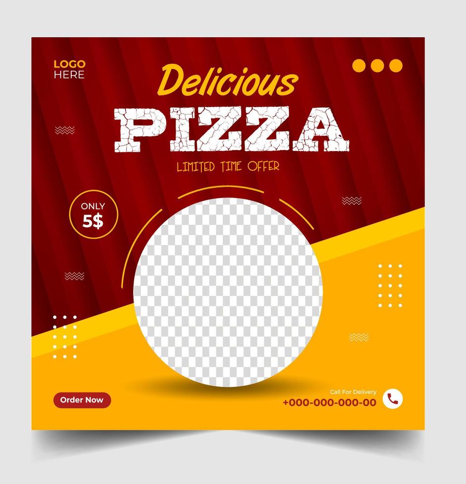 plantilla de publicación de banner de redes sociales de pizza. pancarta social de pizza, diseño de pancarta de pizza, plantilla de redes sociales de comida rápida para restaurante. diseño de banner de pizza en medios sociales con color amarillo y rojo. vector