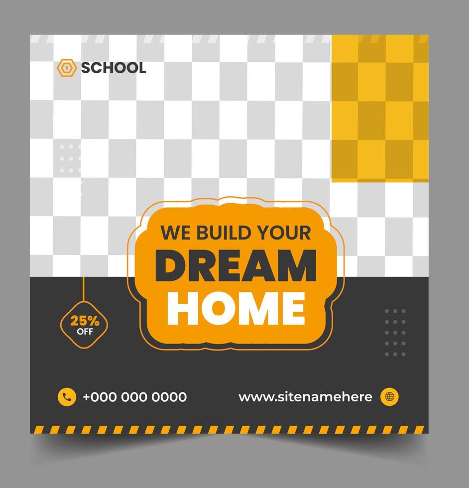 Construction social media post banner design Template with yellow color, Corporate construction tools social media post design,  home improvement banner template, home repair social media post banner. vector