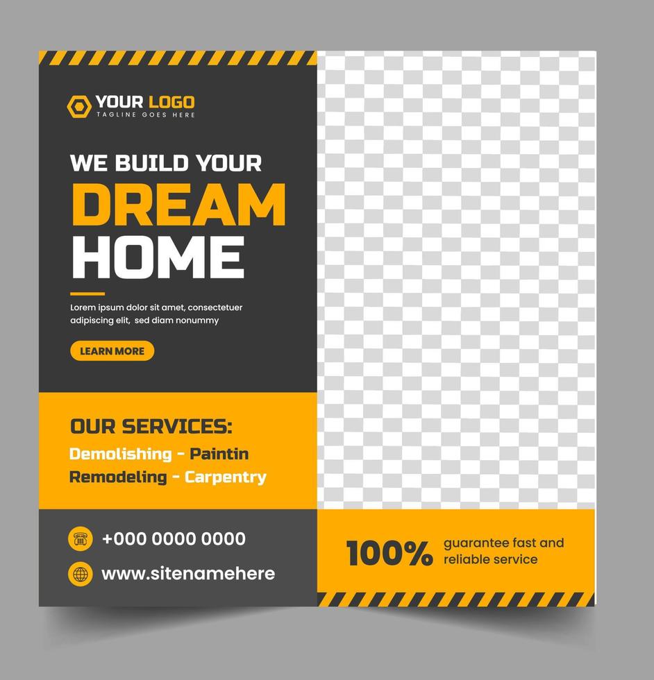 Construction social media post banner design Template with yellow color, Corporate construction tools social media post design,  home improvement banner template, home repair social media post banner. vector