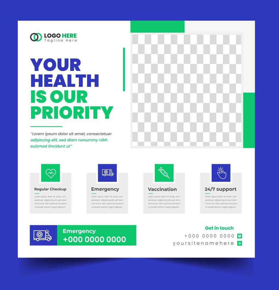Medical Social Media Post Template, Healthcare Social Media Banner Template, Medical and healthcare social media post template. health doctor social media post banner. Medical Health banner. vector