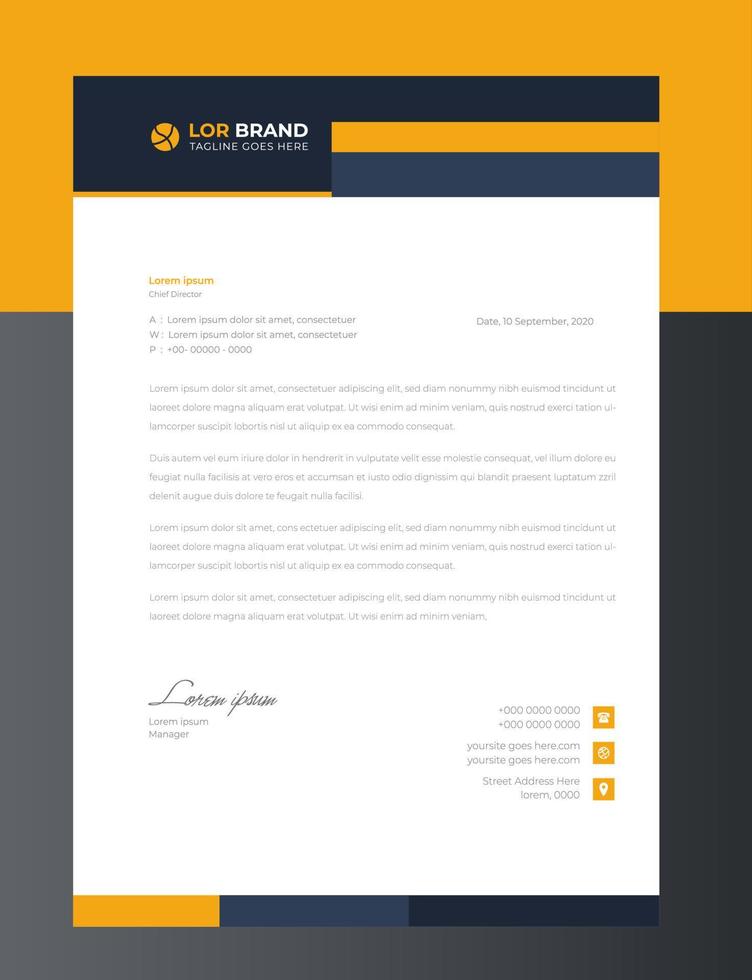 plantilla de diseño de membrete empresarial moderno corporativo con color amarillo. plantilla de diseño de encabezado de carta moderna y creativa para su proyecto. membrete, membrete, diseño de membrete simple. vector