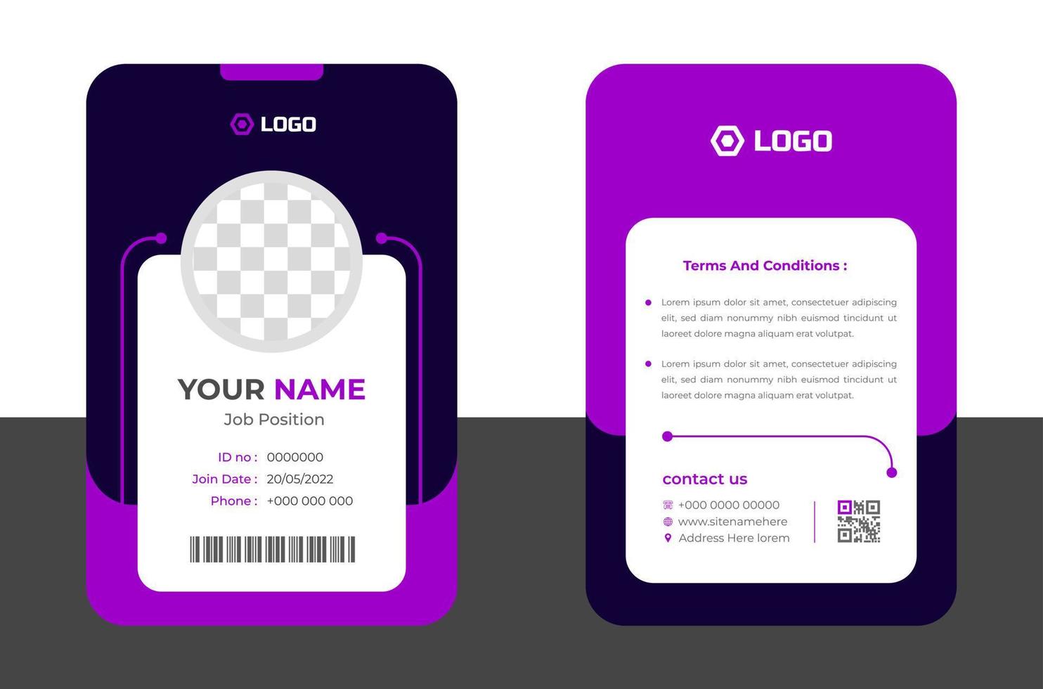 Modern and clean business id card template. professional id card design template with purple color. corporate modern business id card design template. Company employee id card template. vector