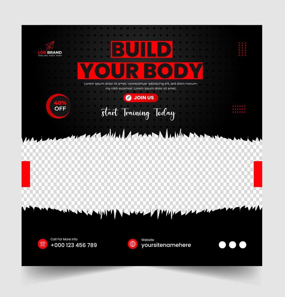 Fitness gym social media post banner template with black and red color, gym social media banner, vector illustration