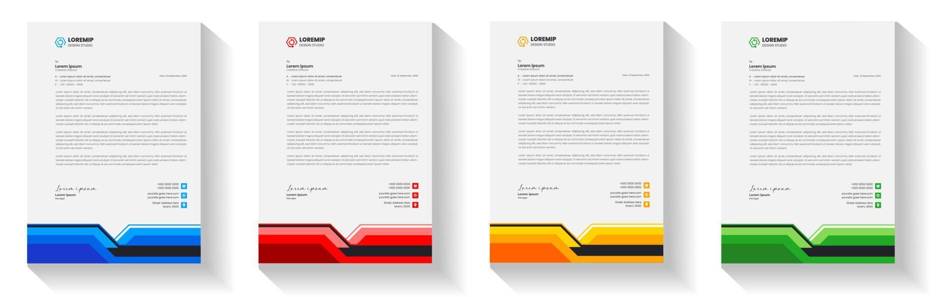 plantilla de diseño de membrete moderno corporativo con color amarillo, azul, verde y rojo. plantilla de diseño de encabezado de carta moderna y creativa para su proyecto. membrete, membrete, diseño de membrete comercial. vector