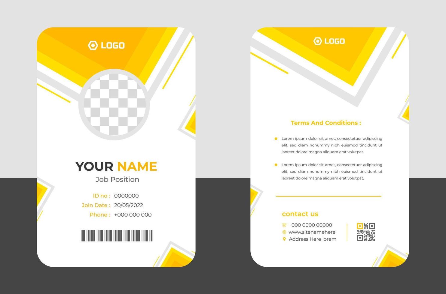 Modern and clean business id card template. professional id card design template with yellow color. corporate modern business id card design template. Company employee id card template. vector