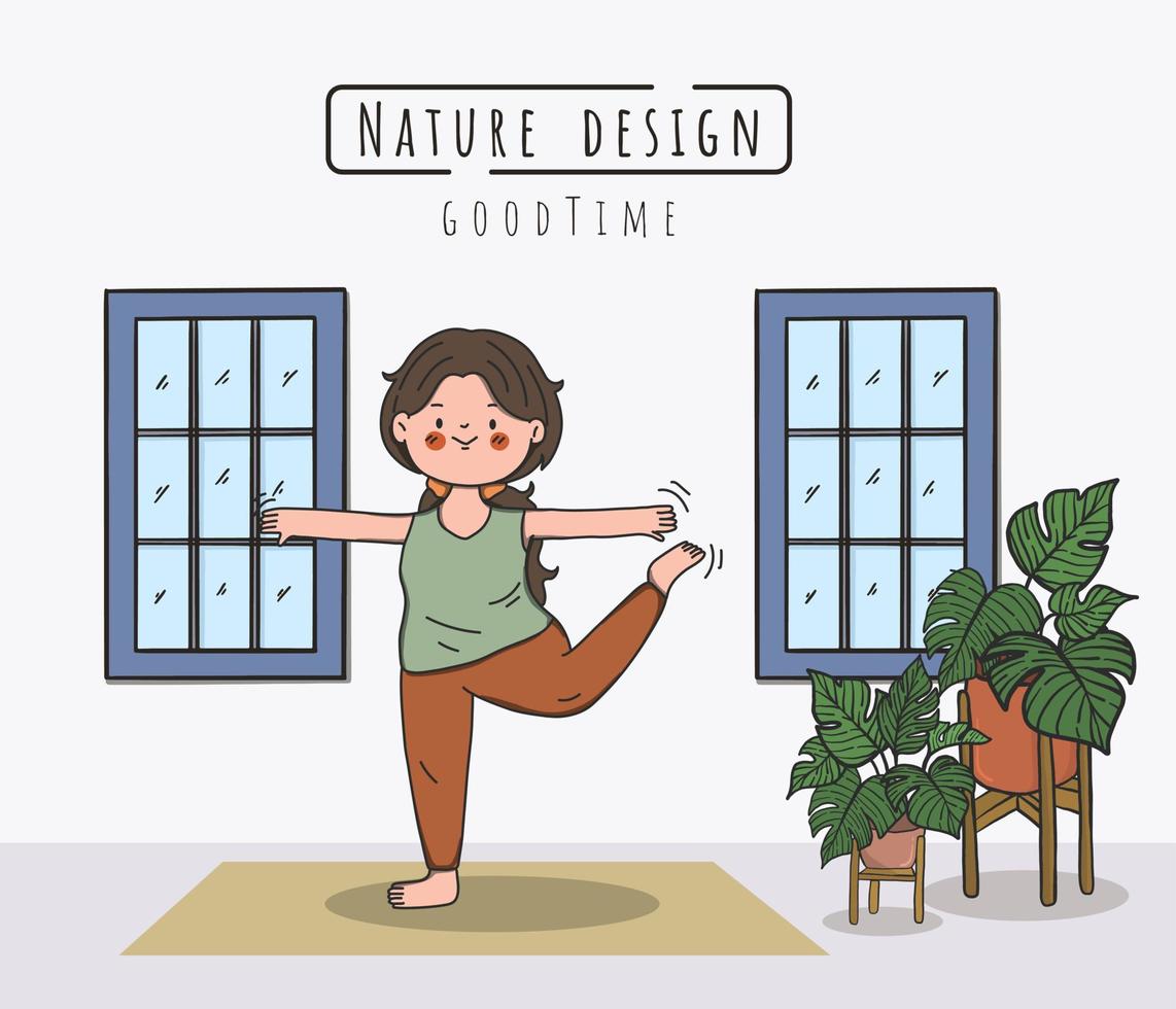 Yoga exercises, Stay at home, Hand drawn cartoon. vector