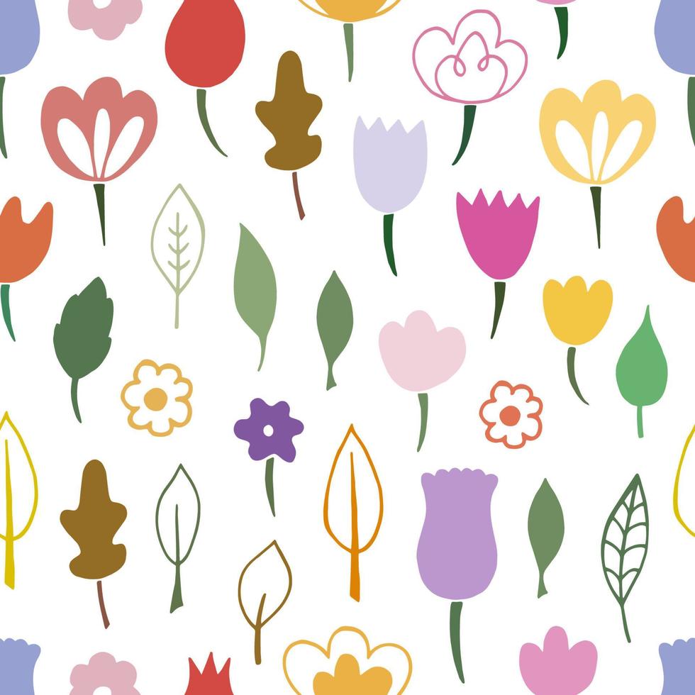 Seamless pattern of bright flowers. Digital scrap paper. Simple flowers are hand drawn in doodle style. For design of surfaces, textiles, packaging, backgrounds vector