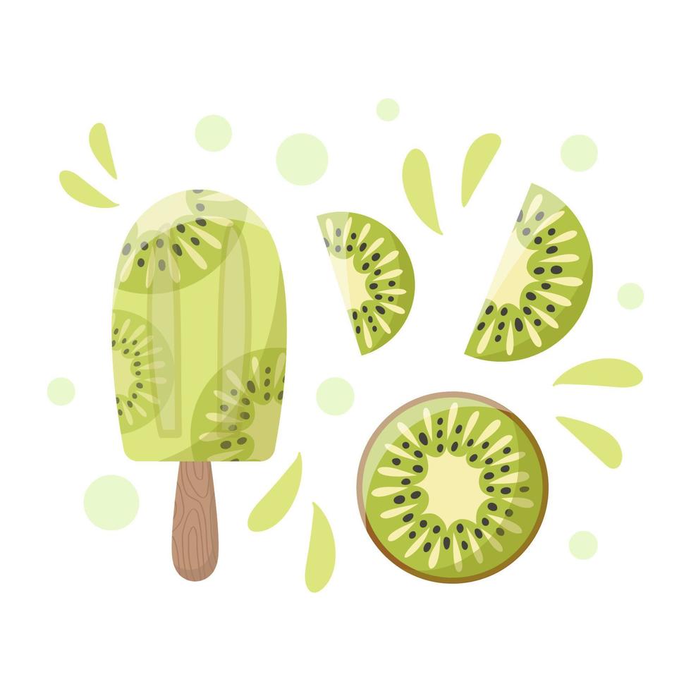 Illustration of kiwi in flat style. Delicious ice cream, juicy fresh fruit, summer time vector