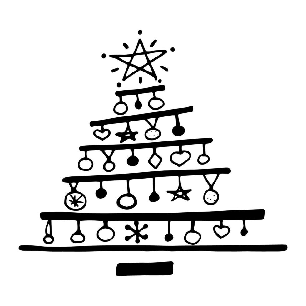 Christmas doodle tree. Illustration hand-drawn by liner. The simple fir tree for New Year, cozy winter, Christmas. vector