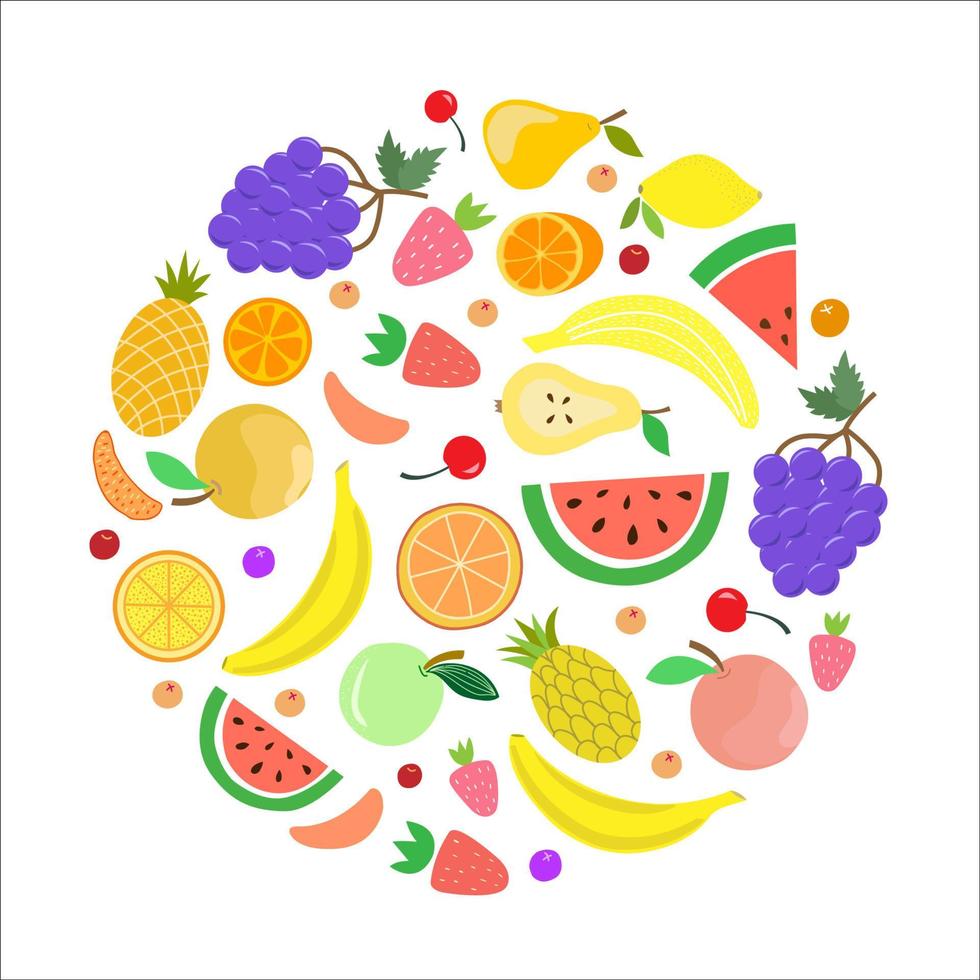 Collection of fruits in round frame. Composition of juicy fruits and berries, banner, poster, postcard. Natural healthy product for a healthy diet. Watermelon, banana, pear, strawberry, apple, orange vector