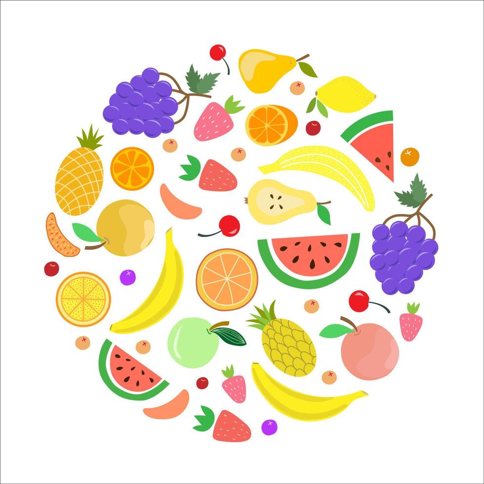 colección de frutas en marco redondo. composición de jugosas frutas y bayas, pancarta, afiche, postal. producto saludable natural para una dieta saludable. sandía, plátano, pera, fresa, manzana, naranja vector