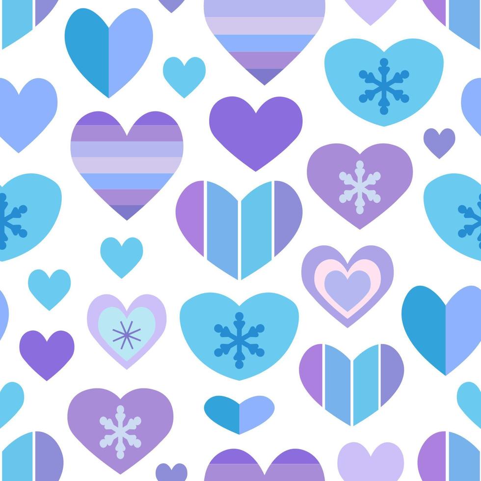 Winter seamless pattern of hearts and snowflakes. Fabulous background for design on theme of cozy winter, New Year, Christmas. Flat cute baby illustrations vector