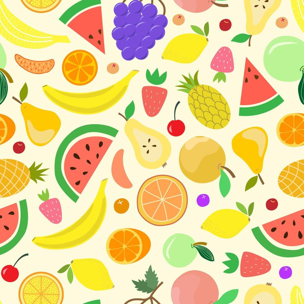 Fruit seamless pattern. Juicy watermelons, oranges, bananas, grapes, strawberries, pineapples, berries in style of carton, flat, hand draw. Delicious print for surface design, digital paper vector