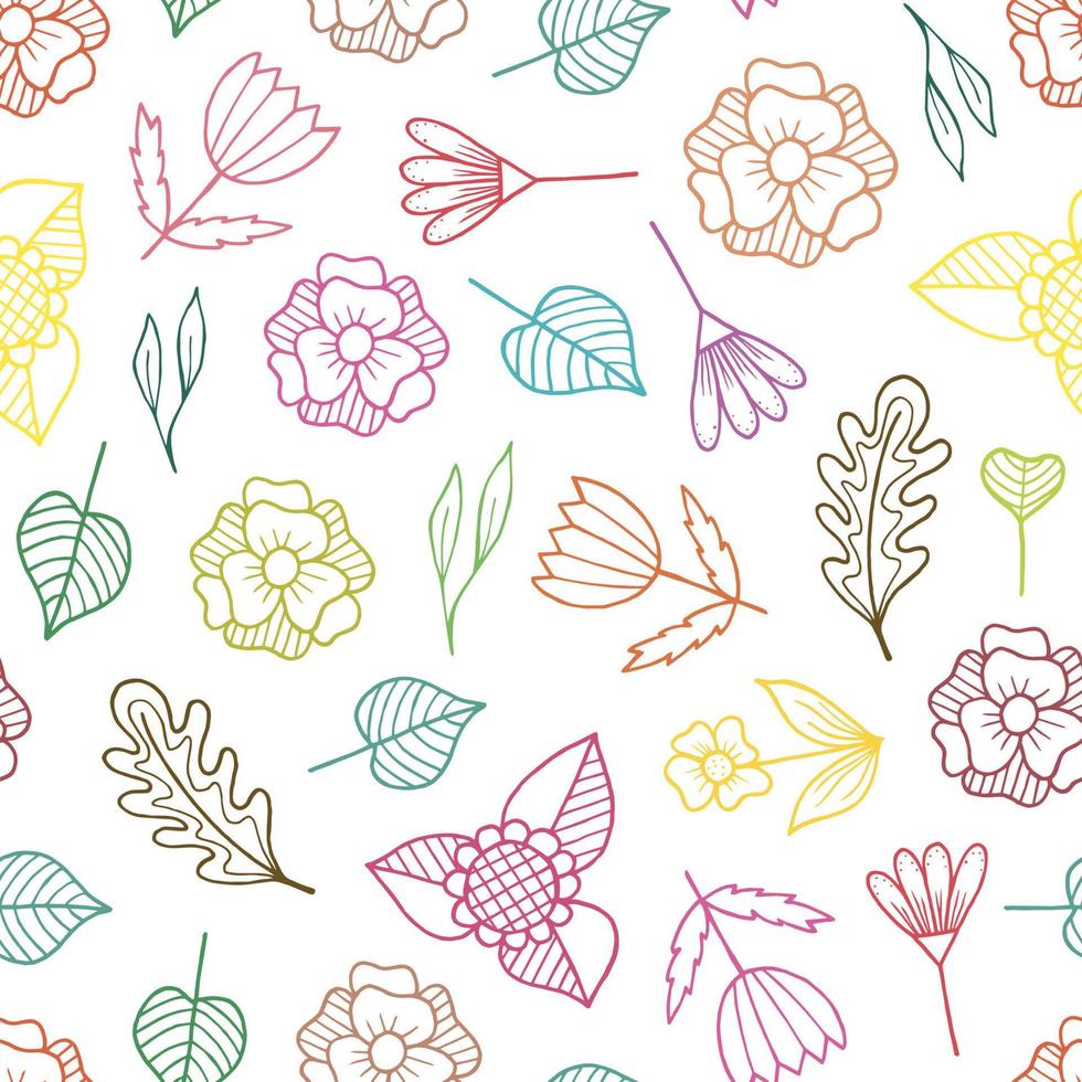 Seamless pattern of spring flowers. Digital scrap paper. Simple flowers are hand drawn in doodle style. For design of surfaces, textiles, packaging, backgrounds vector