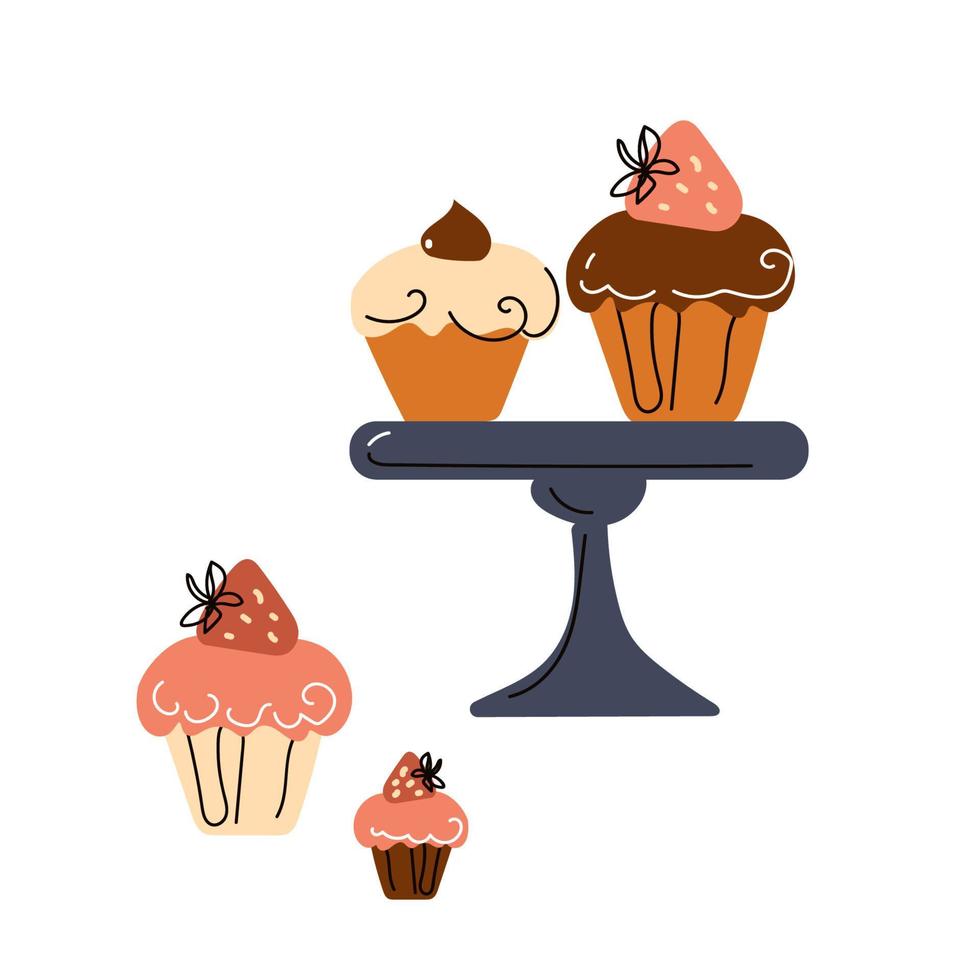 Afternoon tea Stand set with cakes, coffee house icons of desserts. vector