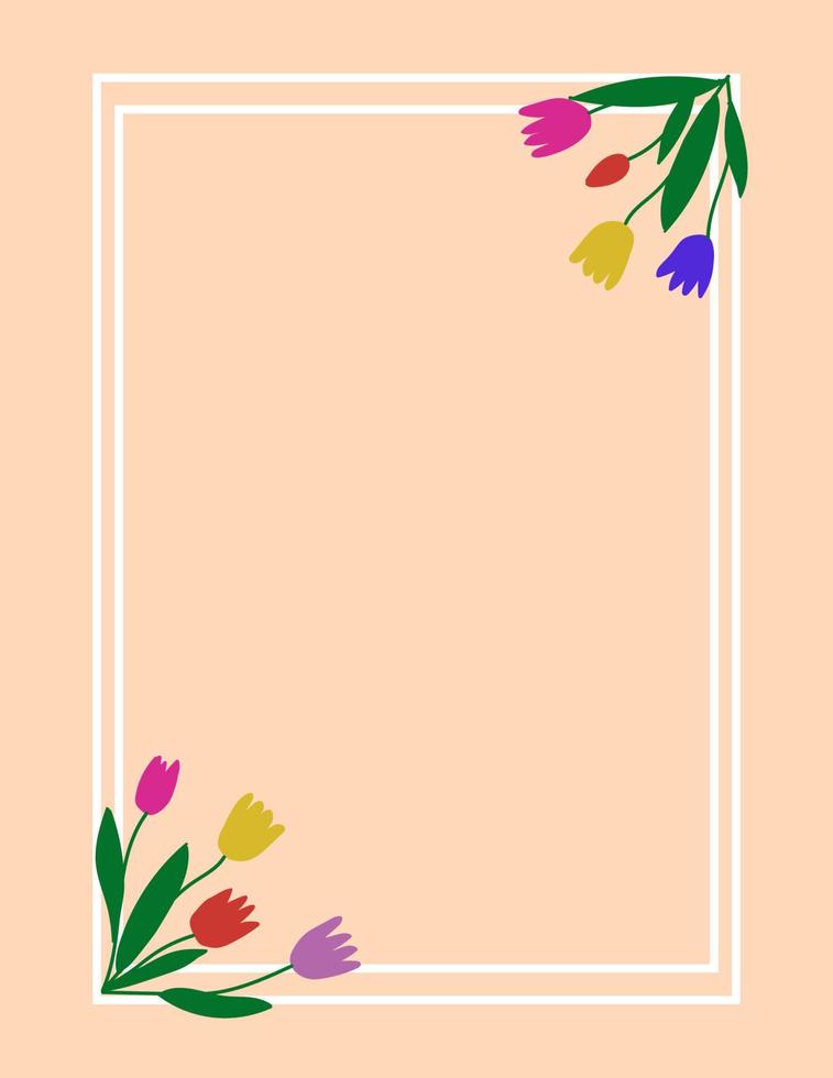 colorido marco de tulipanes dibujados a mano. borde, decoración para tarjetas de felicitación, invitación, San Valentín, día de la mujer o de la madre vector