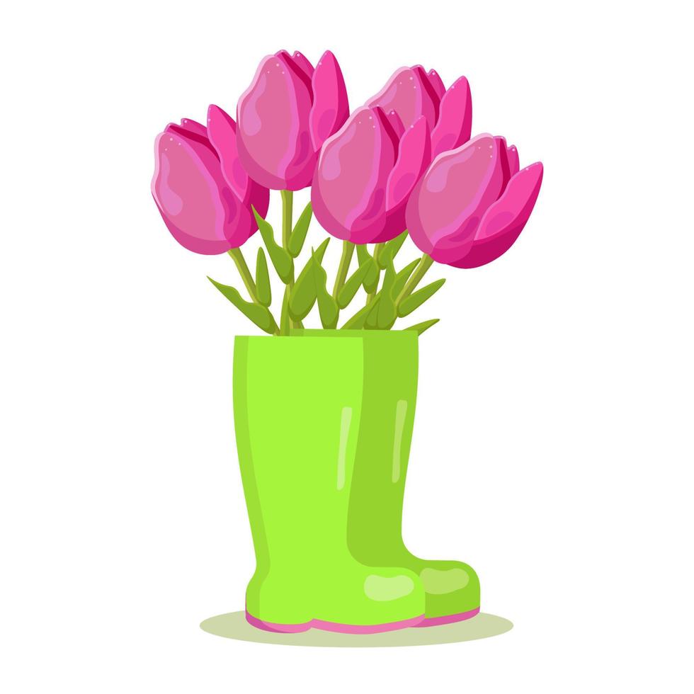 tulipanes de flores de color rosa brillante en botas de goma vector