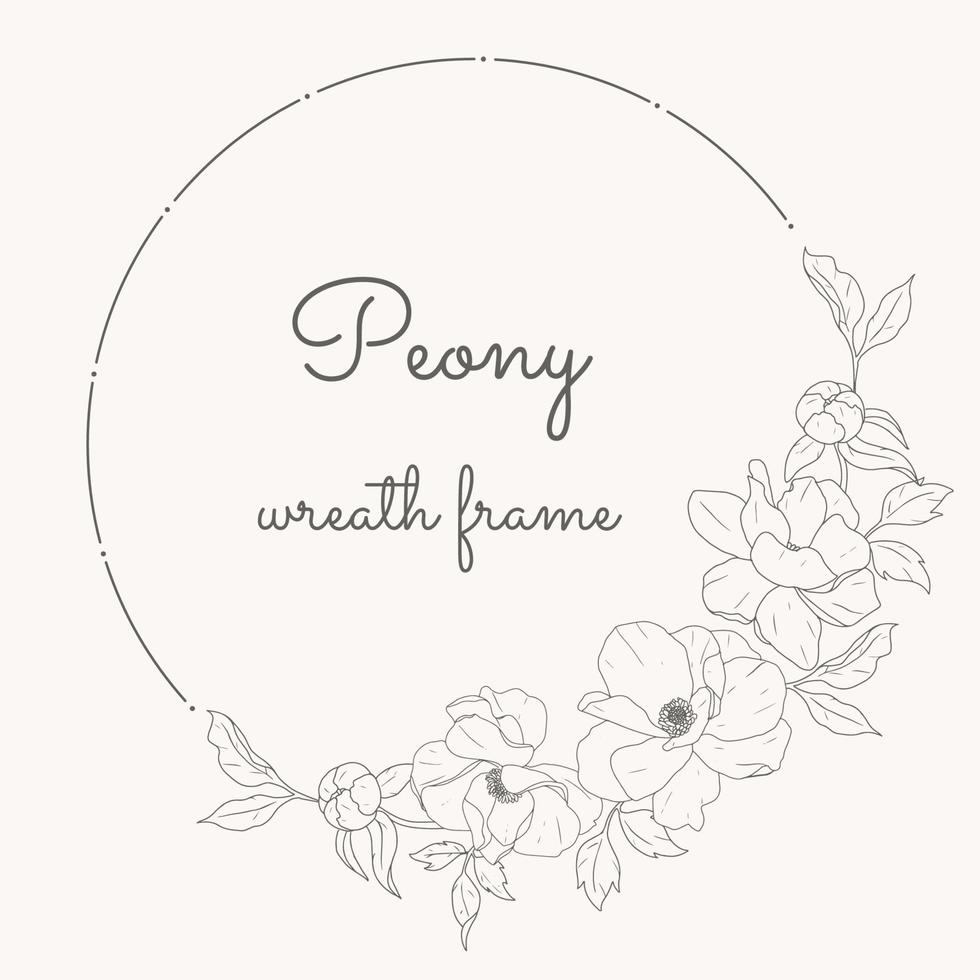doodle line art peony flower circle wreath frame vector