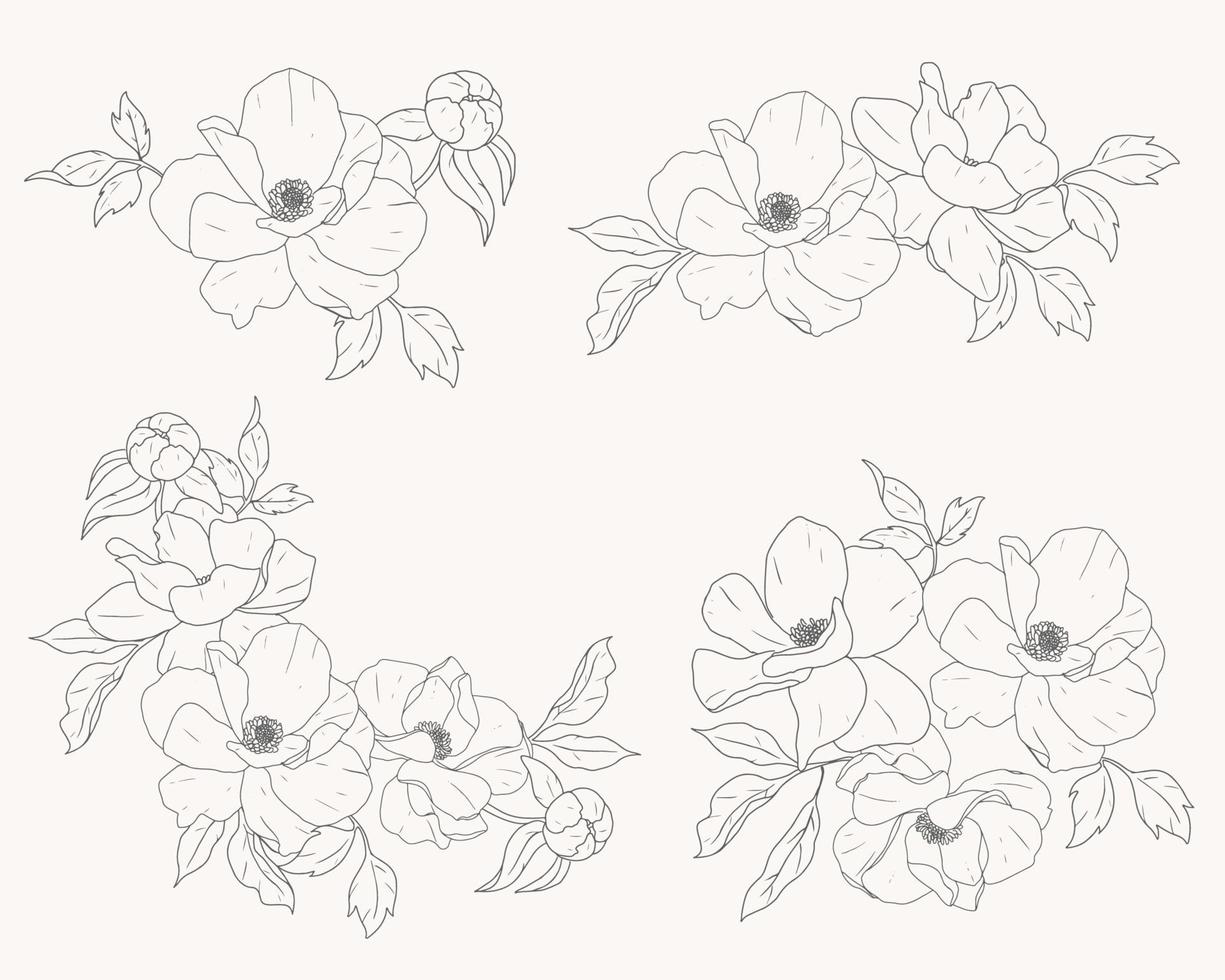 doodle line art peony flower bouquet elements collection vector
