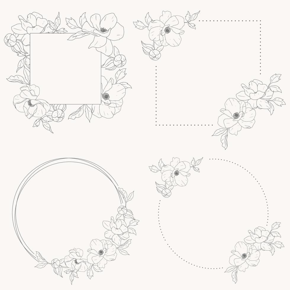 doodle line art peony flower bouquet wreath frame elements collection vector