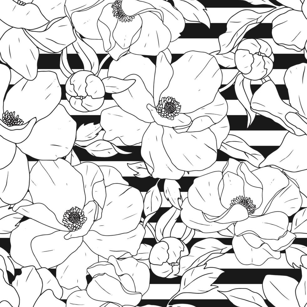 doodle line art peony flower bouquet on black strip line seamless pattern vector