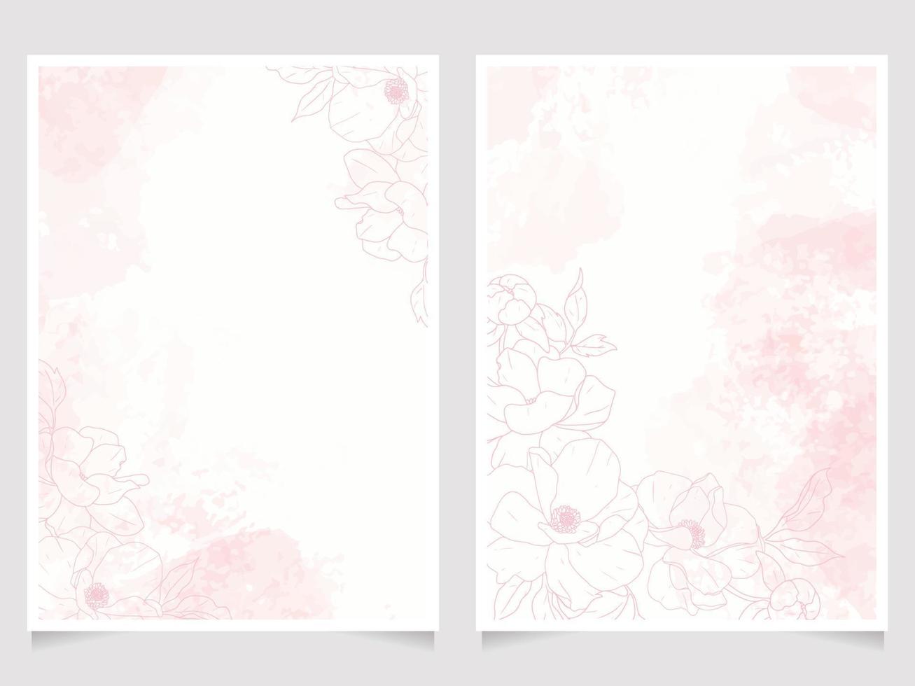 fondo de salpicaduras de acuarela rosa con poeny de arte lineal colección de plantillas de fondo de tarjeta de invitación 5x7 vector