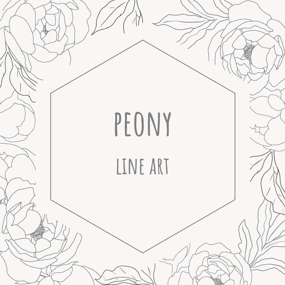 doodle line art peony flower circle wreath frame minimal square banner background vector