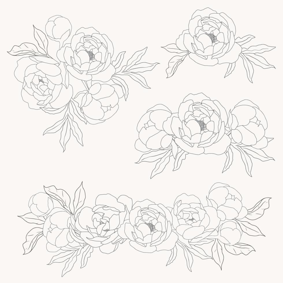 colección de elementos de ramo de flores de peonía de arte lineal de doodle vector