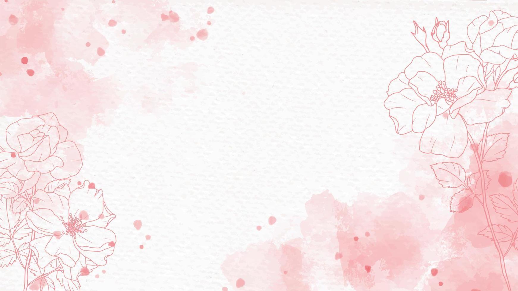 pink watercolor splash background with line art rose vector