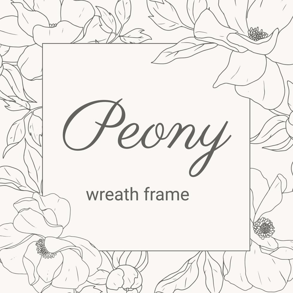 doodle line art peony flower bouquet wreath square frame banner background vector