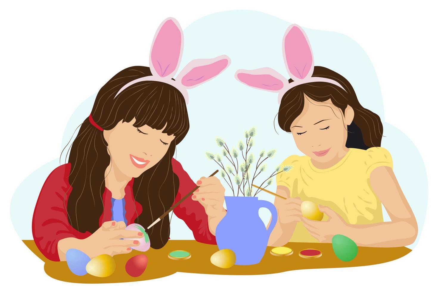 retrato de feliz madre e hija pintando huevos de pascua vector