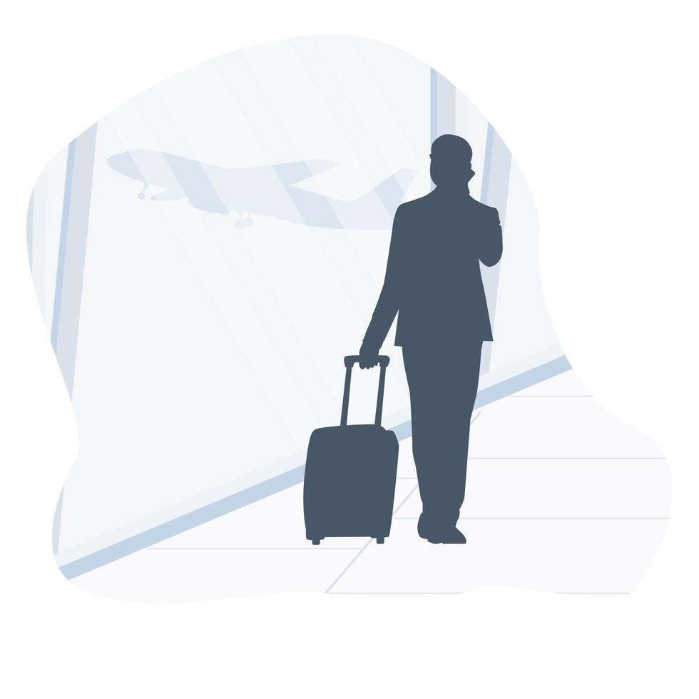 Silhouette of a man talking on the phone businessman at the airport vector