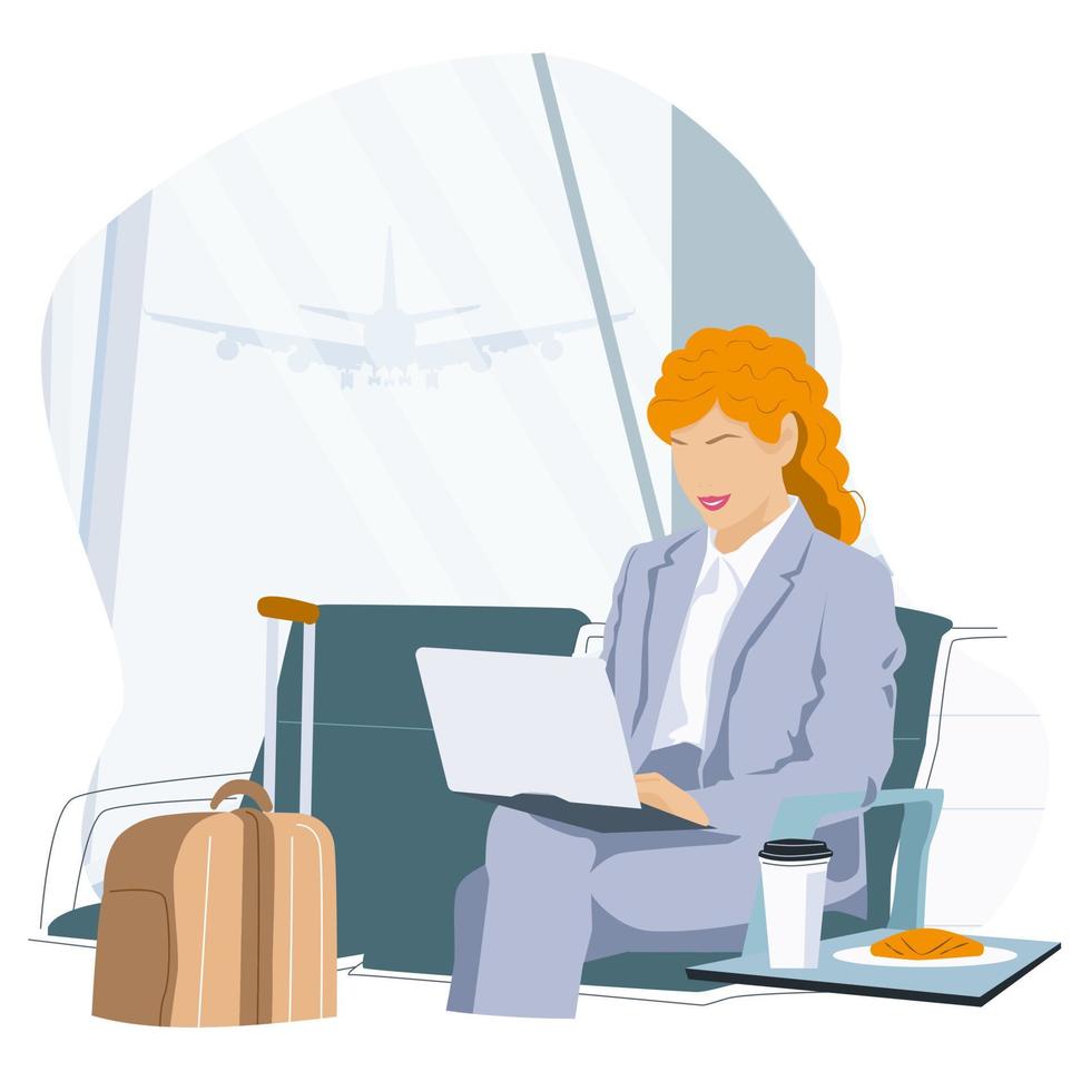 Beautiful red -haired curly businesswoman works on a laptop checking her flight or online check-in at airport, with luggage vector