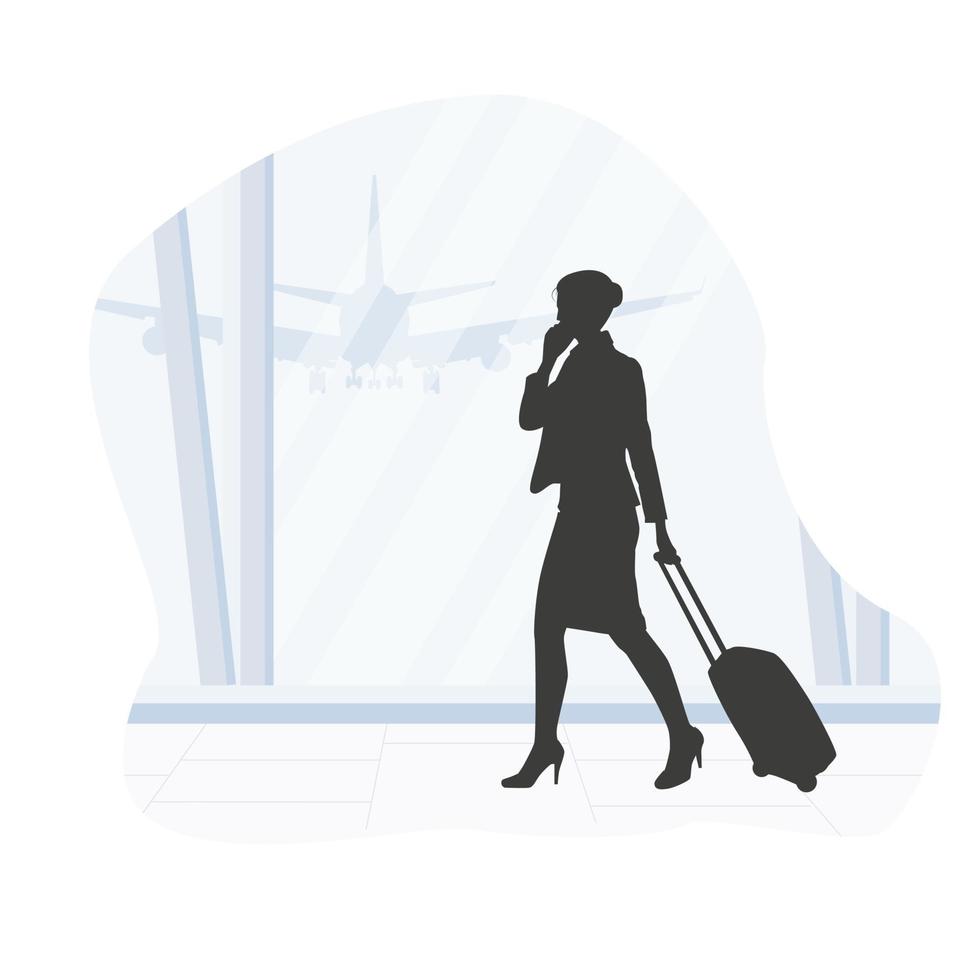 Beautiful blonde businesswoman using smartphone checking her flight or online check-in at airport, with luggage vector