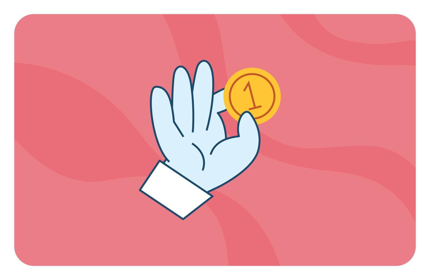 Cartoon hand holding golden coin vector eps. A metal coin in palm flat design illustration, on a red background.