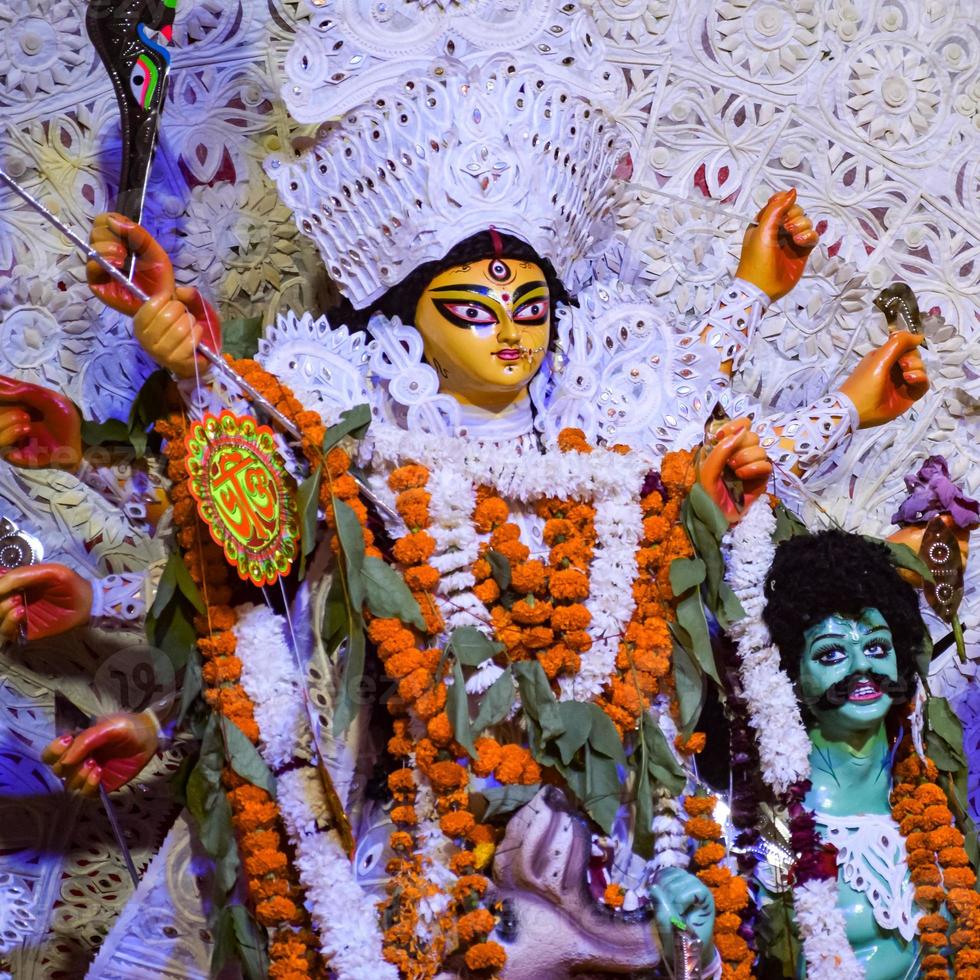 Goddess Durga with traditional look in close up view at a South Kolkata Durga Puja, Durga Puja Idol, A biggest Hindu Navratri festival in India photo