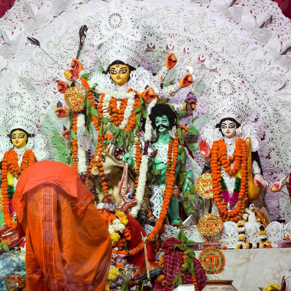 Goddess Durga with traditional look in close up view at a South Kolkata Durga Puja, Durga Puja Idol, A biggest Hindu Navratri festival in India photo