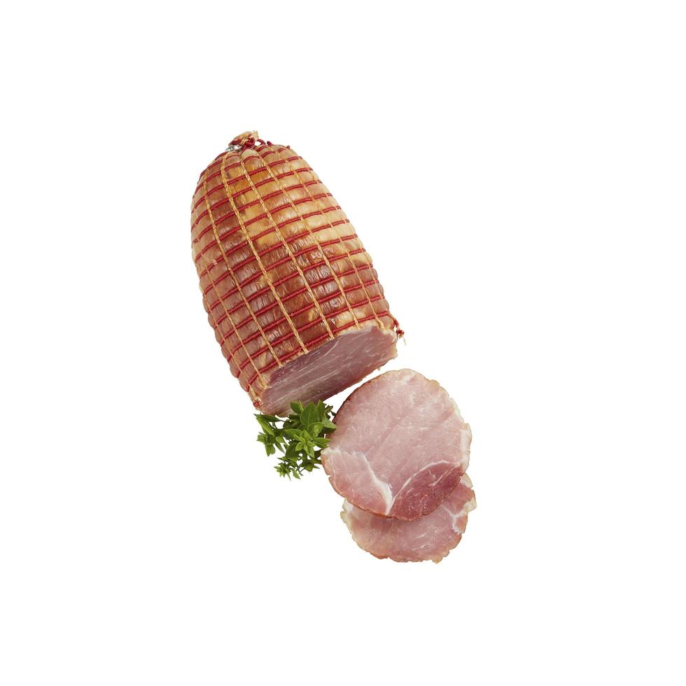 Thinly sliced ham isolated on white background photo