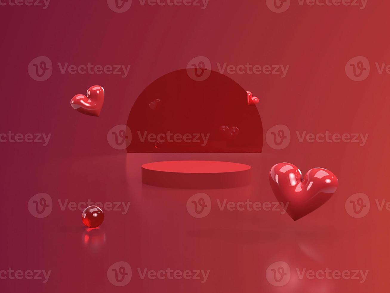 3D render scene podium oval cylindrical realistic hearts on a red background 3D rendering of ,advertising mockup photo