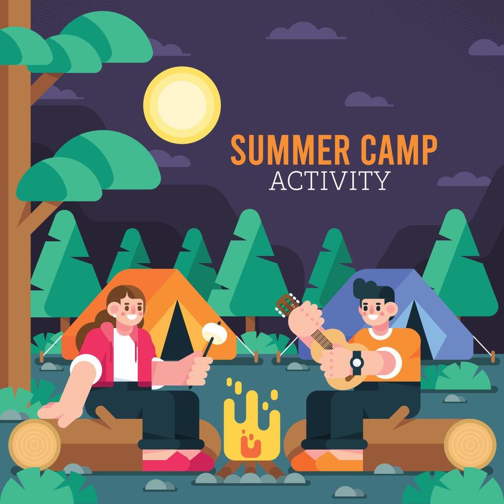 Having A Bonfire And Playing Guitar While Roasting Marshmallows At Summer Camp vector