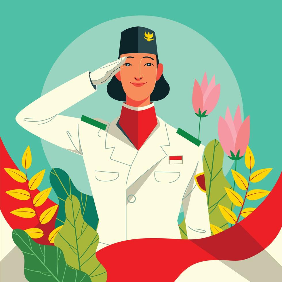 Female Paskibraka Saluting to Indonesian National Flag vector