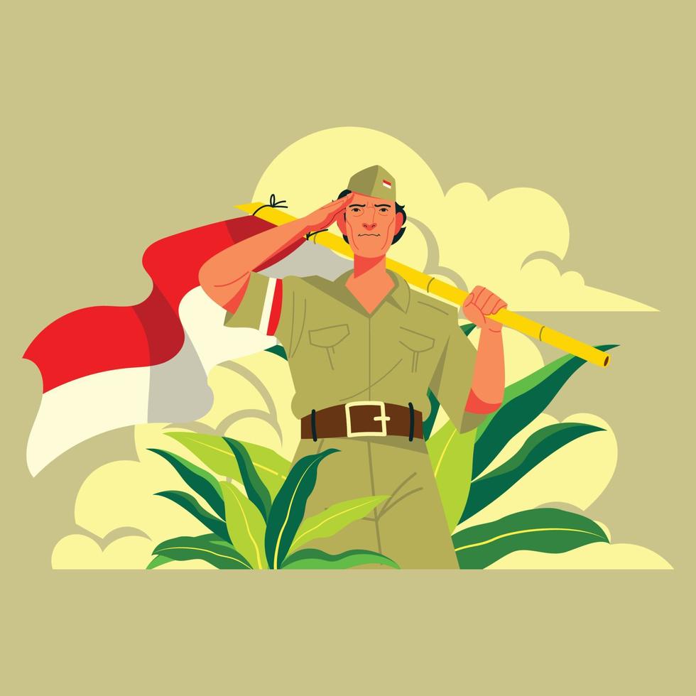 veterano indonesio saludando a la bandera indonesia vector