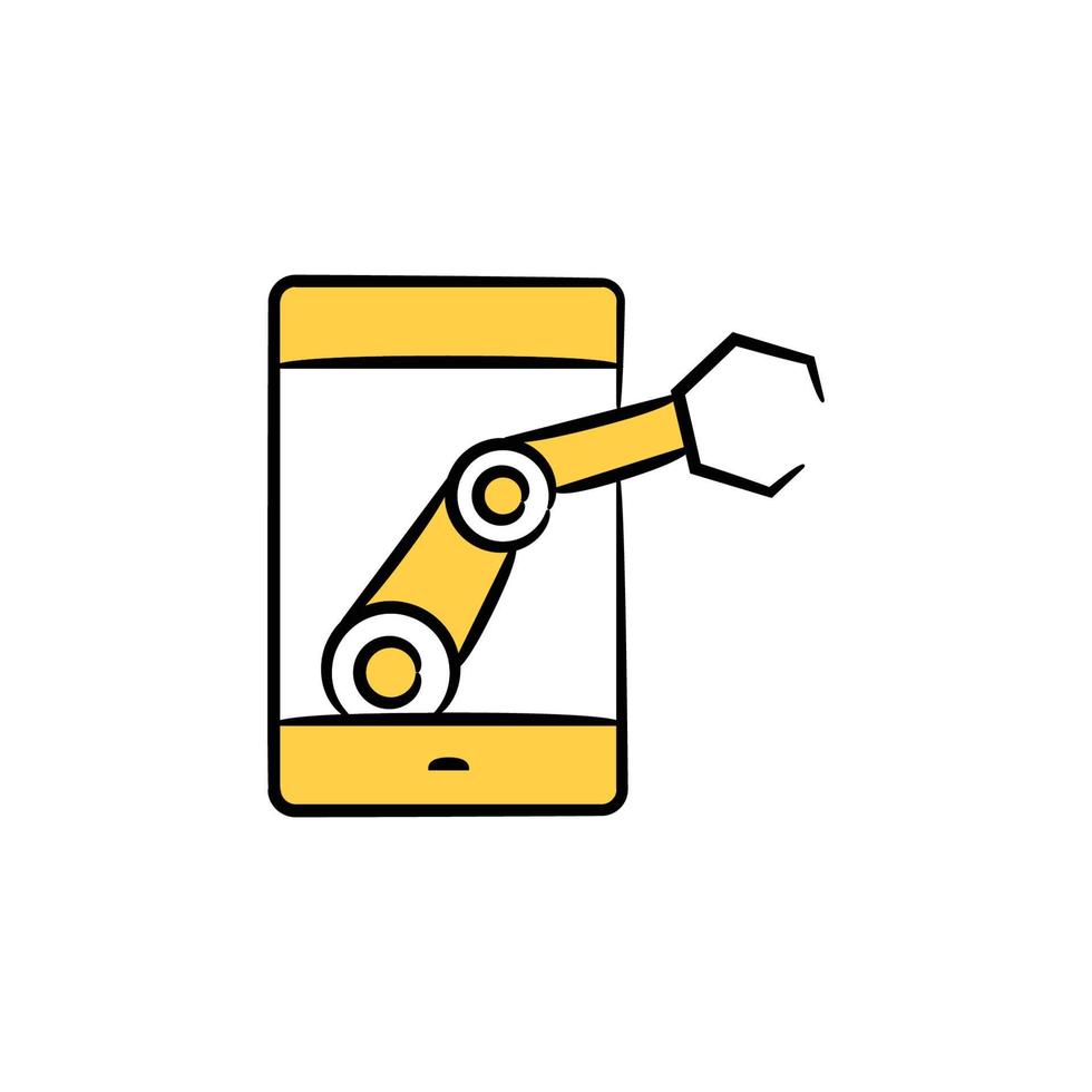 robotic arm on smartphone yellow doodle theme illustration vector