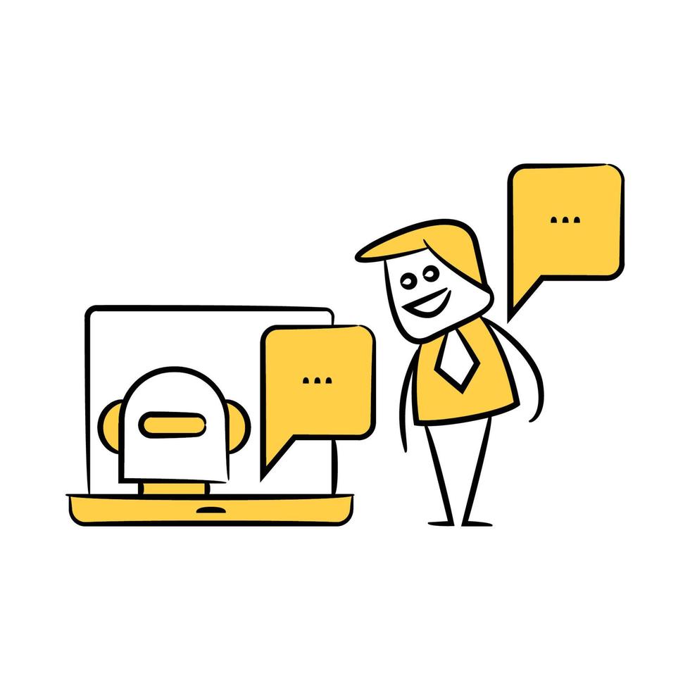 chat bot y empresario amarillo doodle tema ilustración vector