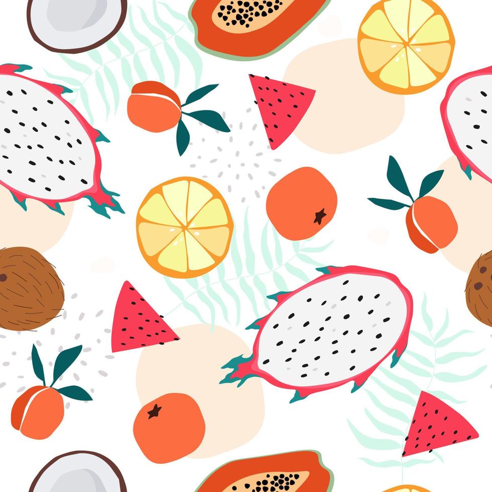 Seamless pattern with tropical fruits. Summer ornament with coconuts, tangerines, watermelon, papaya. Vector graphics.