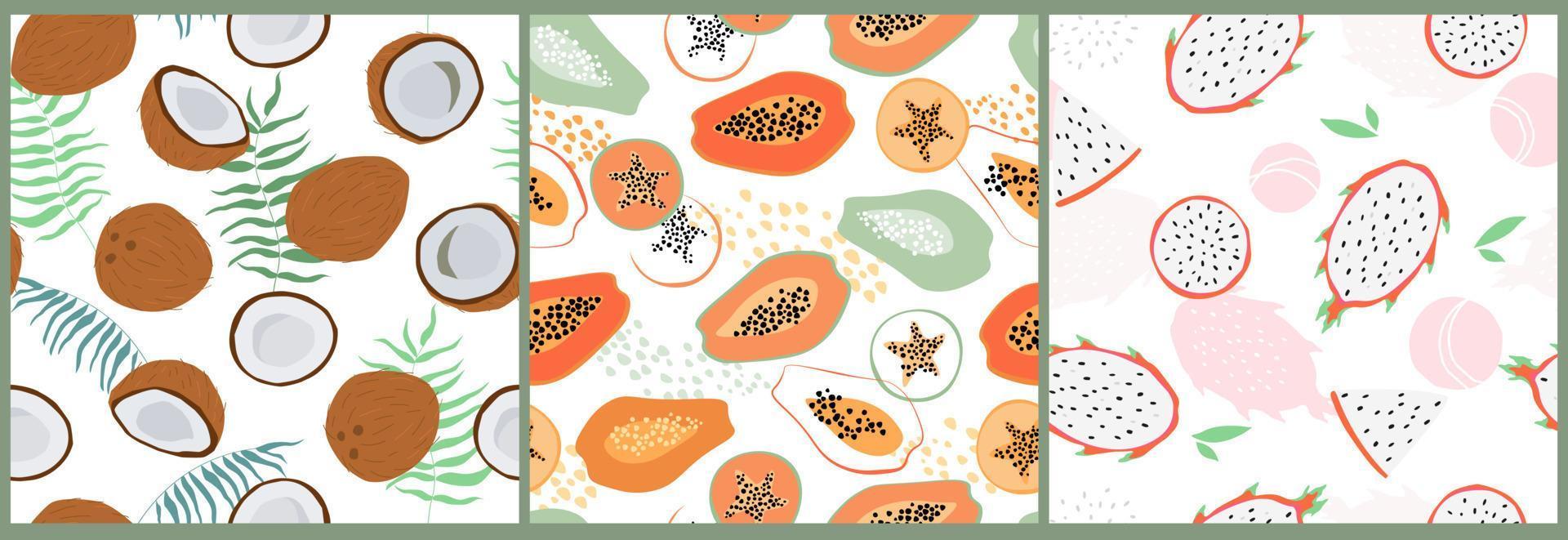 A set of seamless pattern with coconut and palm leaves, papaya, passion. Tropical abstract summer print with fruit. Vector graphics.