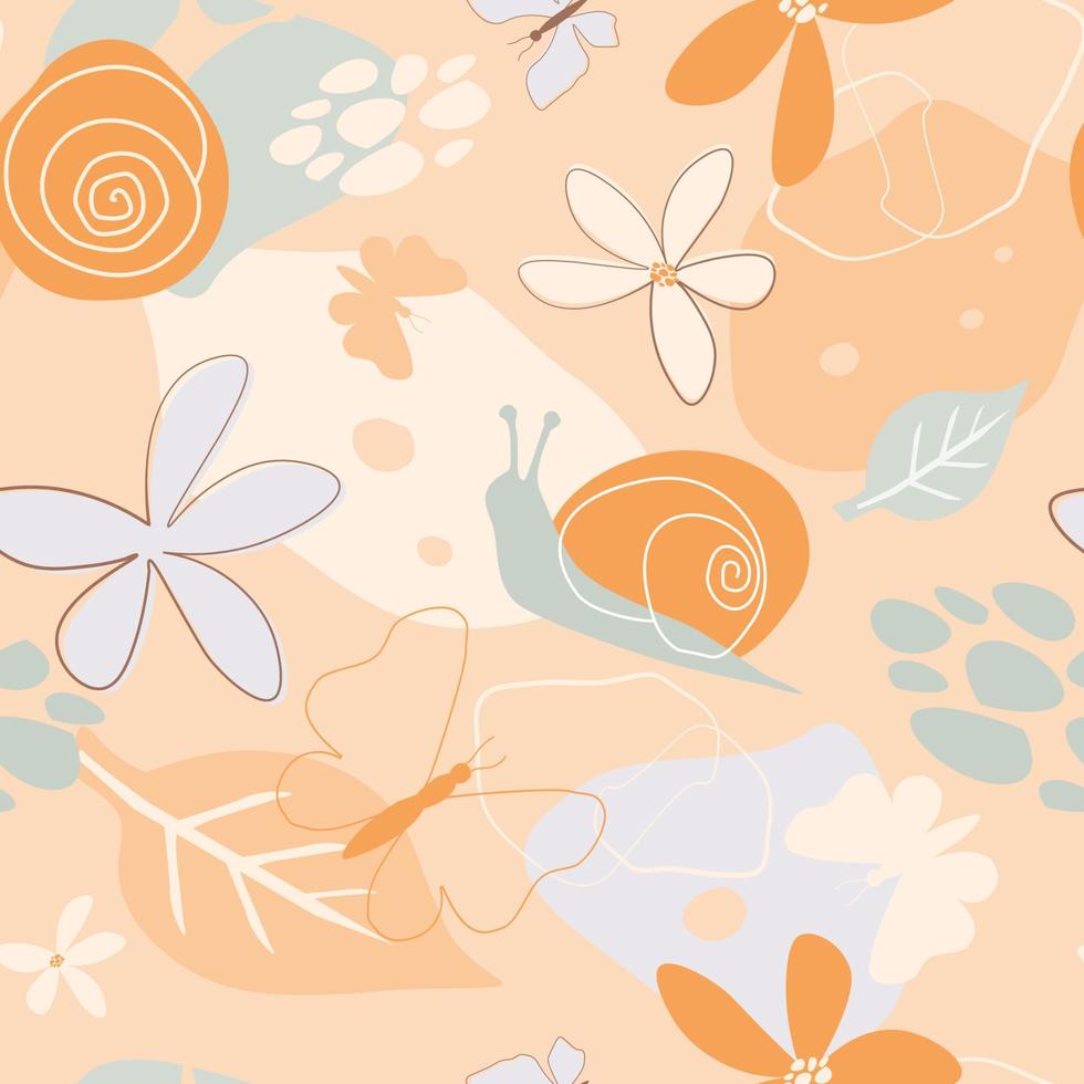 Seamless pattern with summer abstract ornament. Simple minimalistic print with flowers, snails, butterflies. Vector graphics.