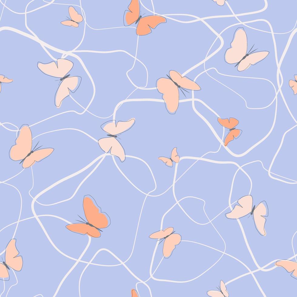 Seamless pattern line art with flying butterflies. Summer delicate print. Vector graphics.