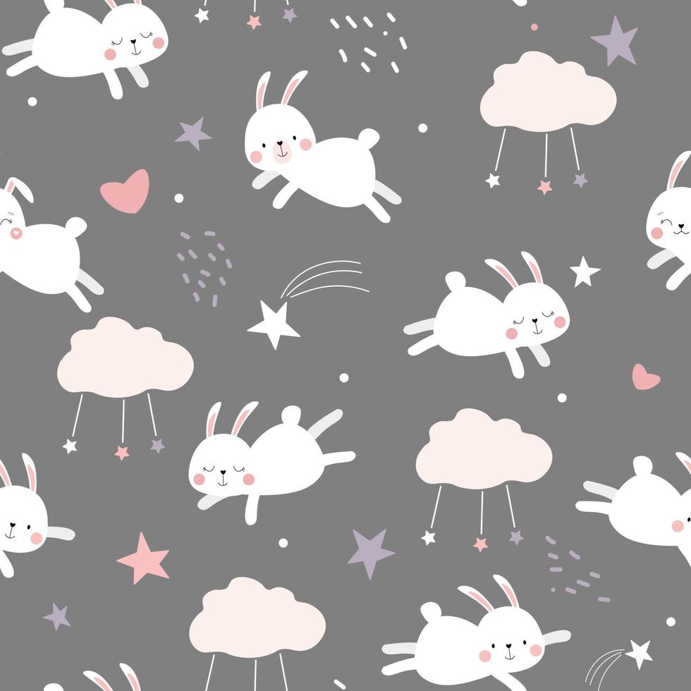 Seamless pattern with cute animal rabbits. Children's ornament with clouds, stars, sleeping hares in the night sky. Vector graphics.